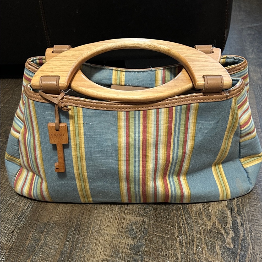 Fossil Cabana Stripe Canvas Wood Handled Satchel Handbag in multicolor.